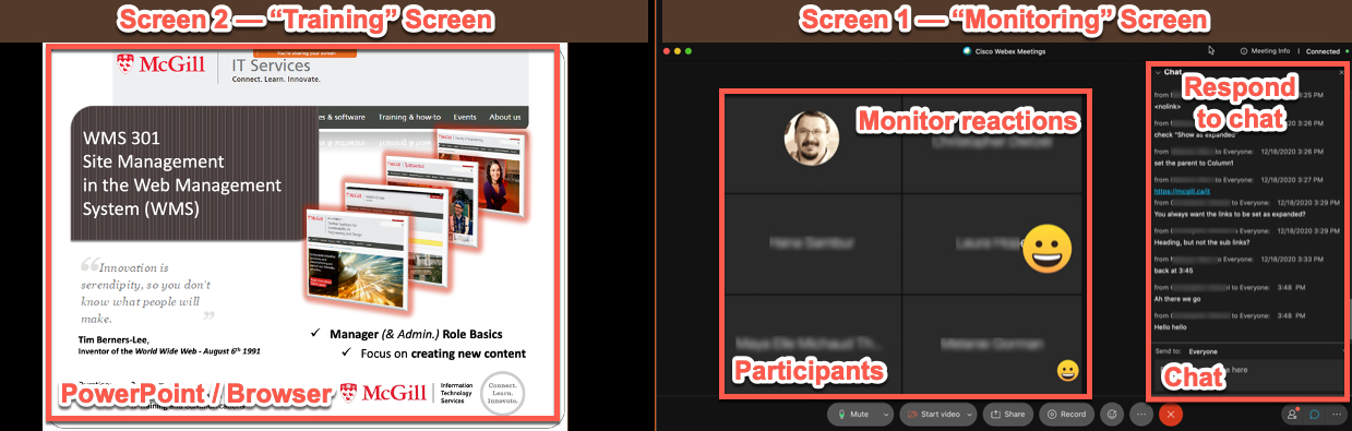 Recommended setup: Share the "Teaching screen" (screen 2) and monitor screen 1