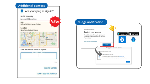 screen of additional context with the map view and app details from the 2FA prompt and the nudge notification that encourages you to download and set the MS Authenticator app