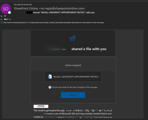 SharePoint phishing scam snapshot