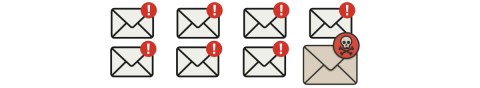multiple envelopes with exclamation marks and one with a Danger skeleton head to represent spam