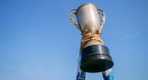 Two hands holding a silver trophy up high over a blue sky.