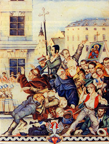 Artur Szyk’s painting of a solidarity march amongst Jews and Poles during the 1860s invasion of Poland