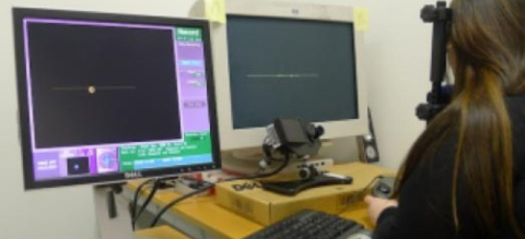 Person with long hair looking at two computer monitors