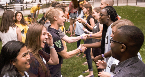 Students meeting on the front lawn during Orientation activities
