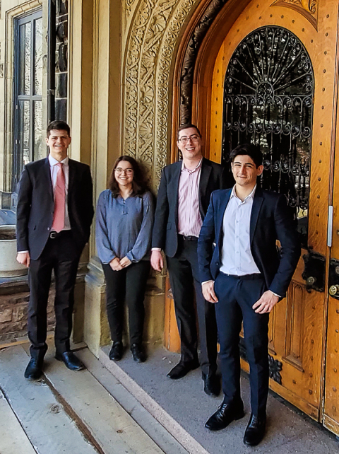 Left to right: Nikolas De Stefano, Mélisande Charbonneau-Gravel, Jesse Hartery, Tiran Rahimian Bajgiran. Not pictured: Liam Harris. Left to right: Nikolas De Stefano, Mélisande Charbonneau-Gravel, Jesse Hartery, Tiran Rahimian Bajgiran. Not pictured: Liam Harris.