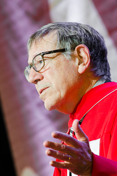 Irwin Cotler giving the commencement address at McGill Law's 2019 Spring Convocation. Photo by Lysanne Larose, Faculty of Law.