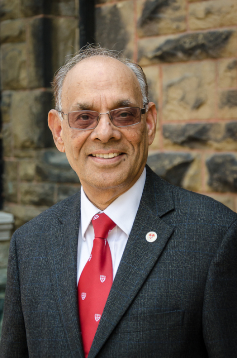 Professor Ram Jakhu (an Indian man wearing a gray jacket over a white shirt and red McGill tie stands in front of a stone wall). Photo by Lysanne Larose.