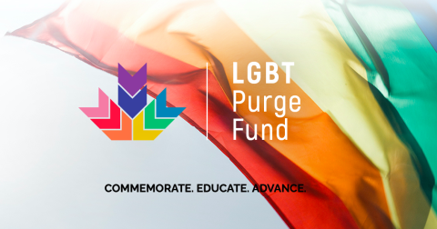 LGBT Purge Fund Logo in front of a rainbow flag 