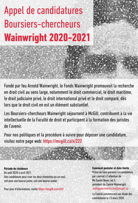 Affiche pour l'appel à candidatures pour les Bourses Wainwright 2020-2021
