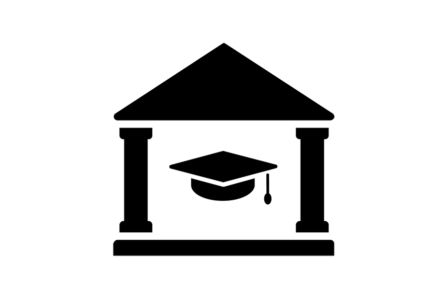 An icon representing a university, comprised of a building with two columns and a graduation cap.