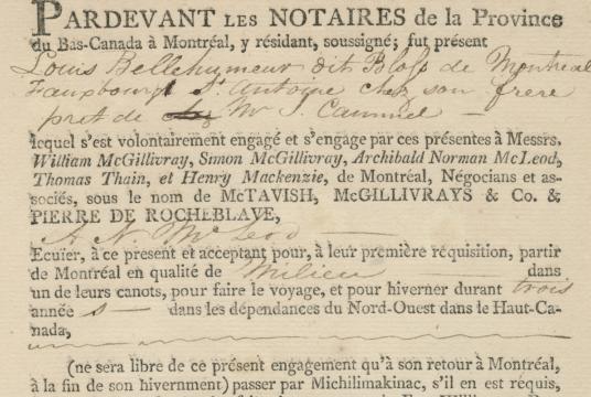 Section of the Voyageur Contract for Louis Bellehumeur