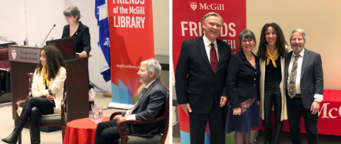 Two photos, on left: Dean Beaudry introducing Jessica B. Hill and Professor Paul Yachnin and on right Donald Walcot, Dean Beaudry, Jessica B. Hill and Paul Yachnin