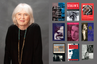 Graphic featuring a photo of Rosemary Sullivan on left-hand side with her book covers on the right-hand side.