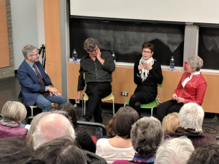 Tom McCamus and Chick Reid (center) speak in conversation with Paul Yachnin (left) and Friend of the Library executive committee member and former chair Cecil Rabinovtivh (right).