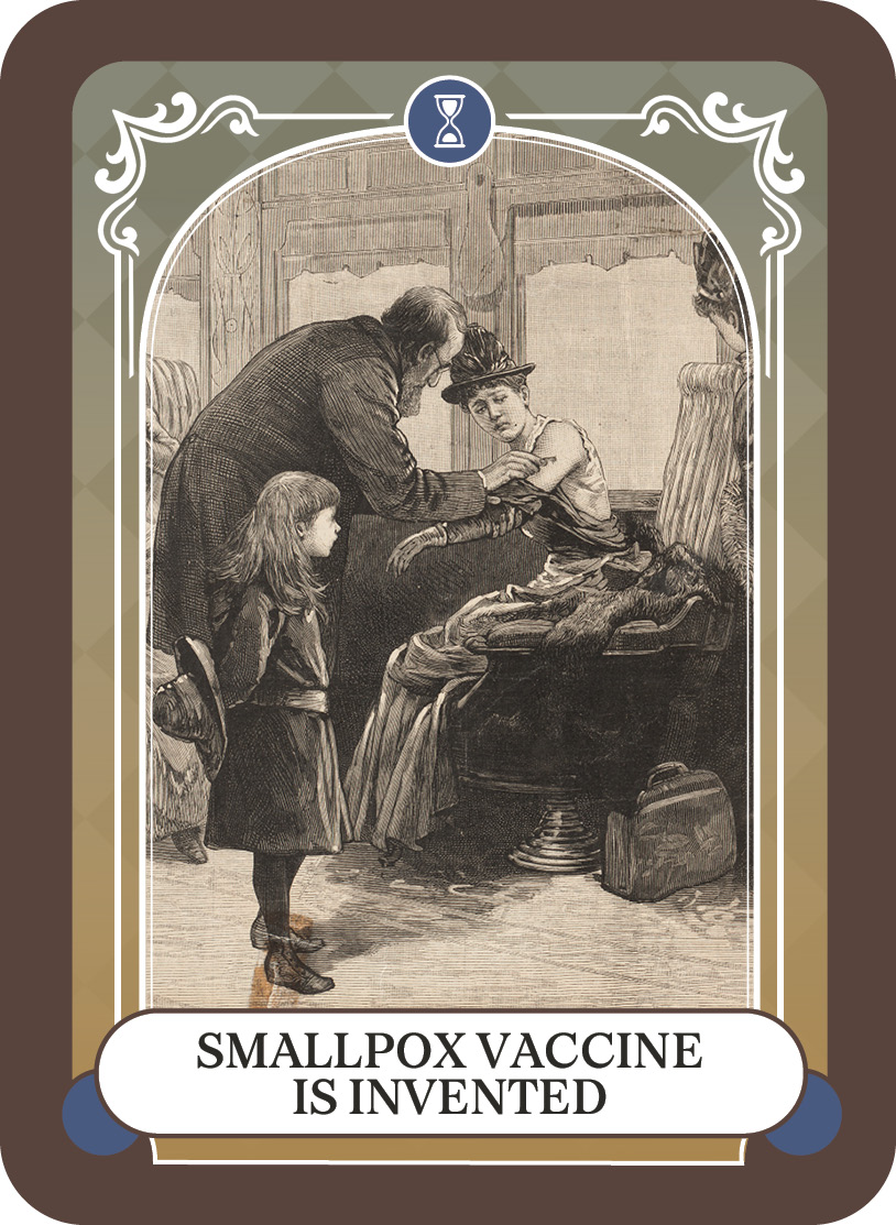 people getting vaccinated against smallpox on a train; smallpox vaccine is developed