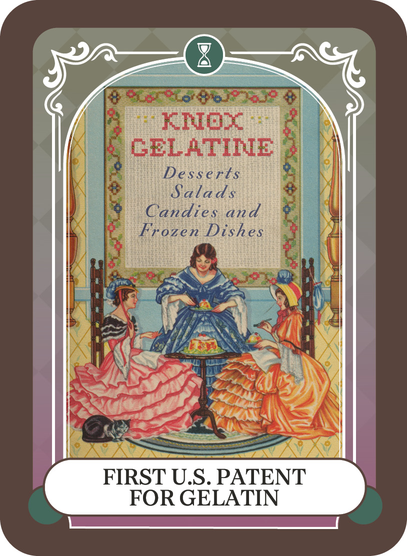 text reads: knox gelatine, desserts Salads Candies and Frozen Dishes First U.S. patent for Gelatin. three ladies in gowns serve a gellied dessert