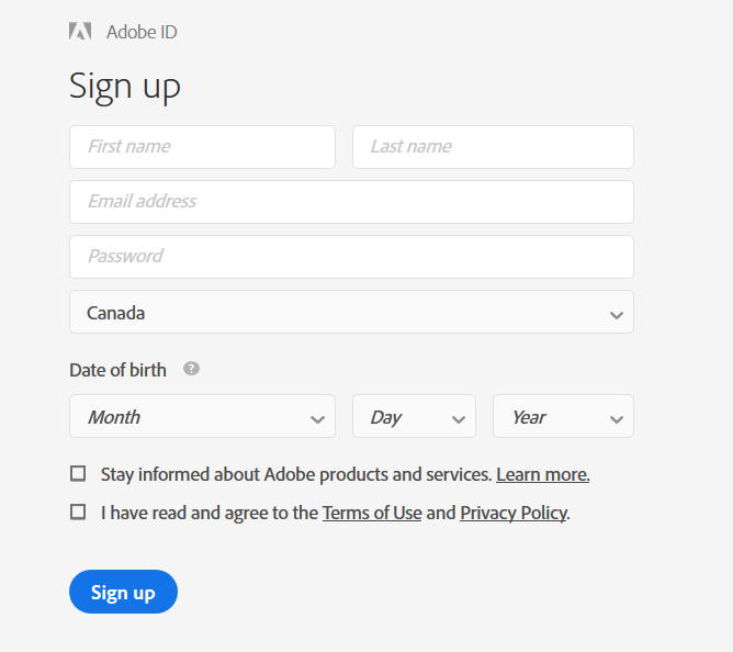 Screenshot of the Sign up for an Adobe ID page