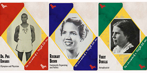 Three playing cards featuring notable alumni from the Quiz That So library game.