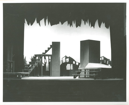 "The Caucasian Chalk Circle" (B&amp;W photo of the set) - a sample from a drama scrapbook documenting theatre activities at McGill between 1957 and 1965.