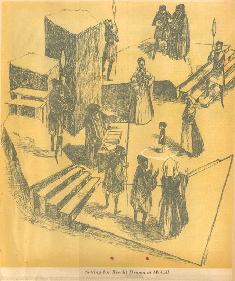 "The Caucasian Chalk Circle" (illustration of the set) - a sample from a drama scrapbook documenting theatre activities at McGill between 1957 and 1965.