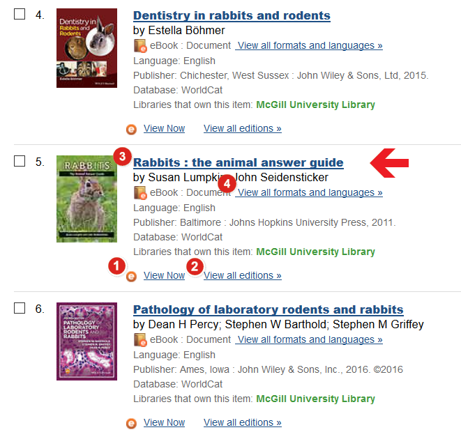 Screenshot of the catalogue, showing the four choices for accessing the catalogue record: number one brings you directly to the e-book content, number two brings you to a list of all the editions that the library owns, number three is the record title, which brings you to the catalogue record in detail, number four brings you to a list of available formats.