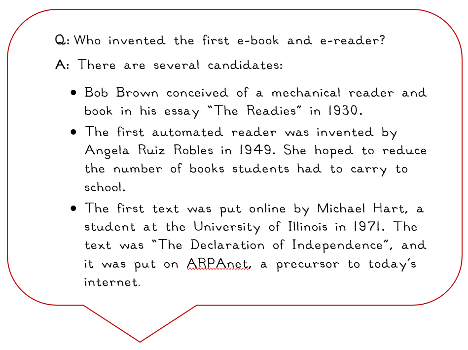 Q: Who invented the first e-book and e-reader? A: There are several candidates: Bob Brown conceived of a mechanical reader and book in his essay “The Readies” in 1930.  The first automated reader was invented by Angela Ruiz Robles in 1949. She hoped to reduce the number of books students had to carry to school.  The first text was put online by Michael Hart, a student at the University of Illinois in 1971. He put “The Declaration of Independence”, on ARPAnet, a precursor to today’s internet.