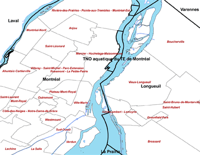 Map displaying arrondissement boundaries of cities in Montreal Region