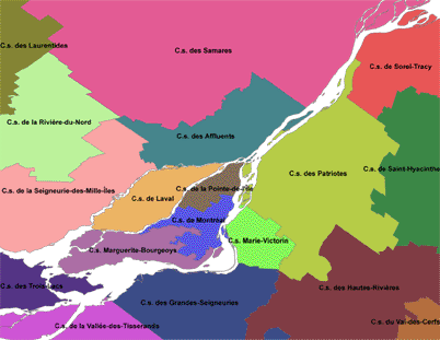 French School Divisions in Montreal Region.  Map produced from Découpages socio-économiques du Québec 1/250 000.