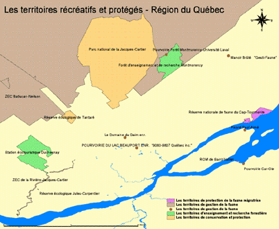 Sample map created from Les territoires récréatifs et protégés au Québec database