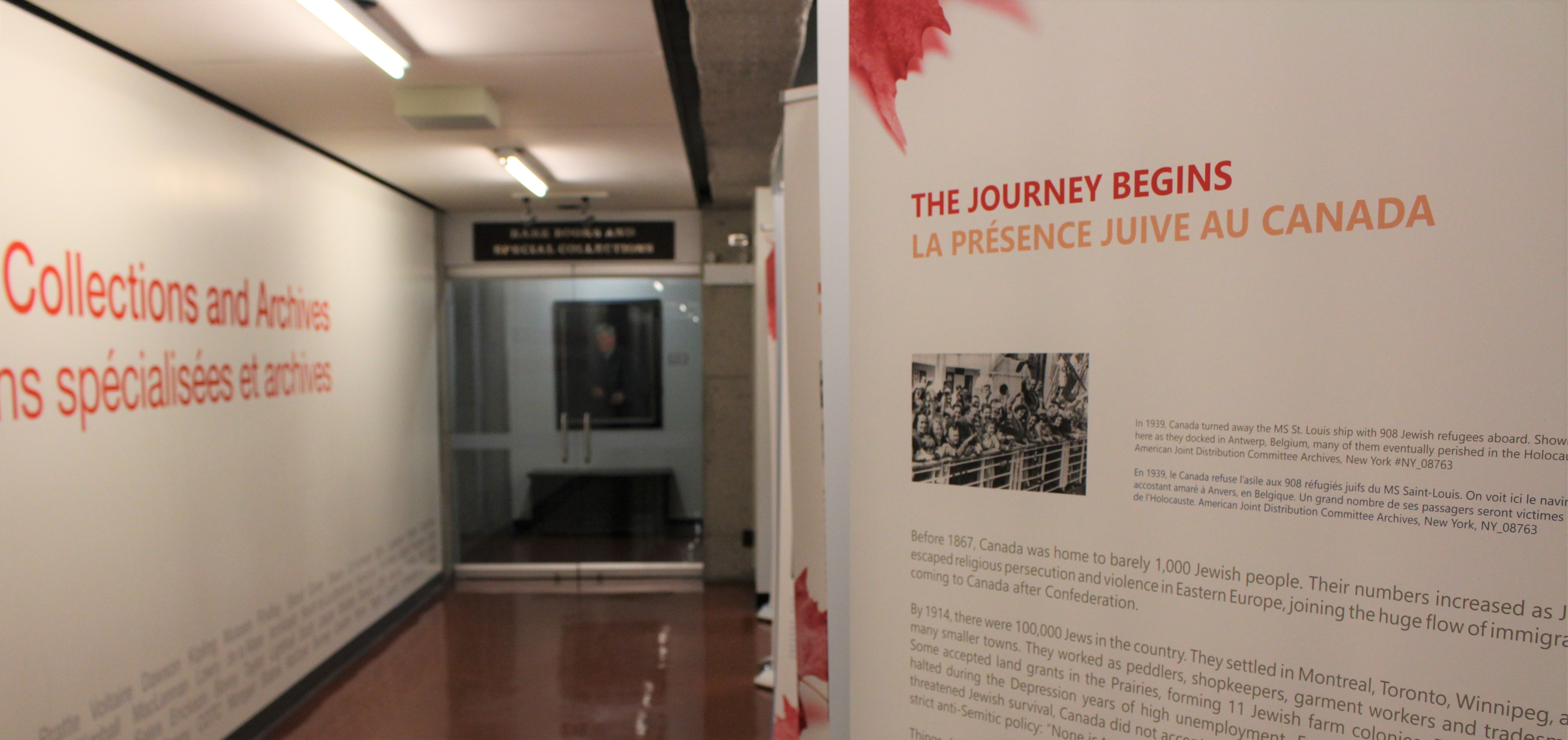 Canadian Jewish Experience display in the Rare Books and Special collections hallway.
