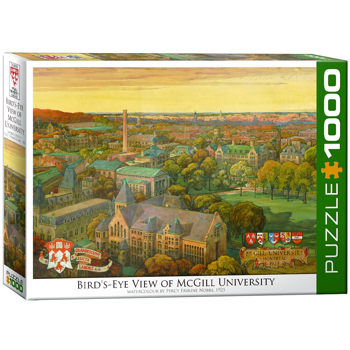puzzle with view of watercolour painting of McGill University campus, reading "bird's-eye View of McGill University, watercolour by Percy Erskine Nobbs 1925.