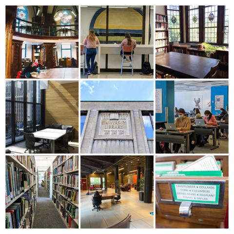 9 square collage featuring different Library spaces. 