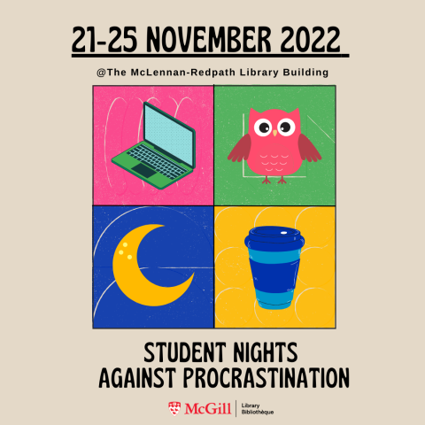 Student Nights Against Procrastination graphic featuring illustrations of a moon, an owl, a laptop, and a coffee cup.