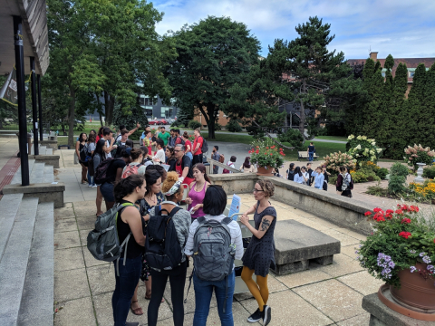 Students talking to Library staff outside at Macdonald Campus.