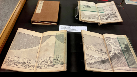Illustrated Japanese manuscripts in display case.