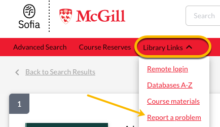 Screenshot of page, with arrows showing location of "Report a problem" drop-down menu.