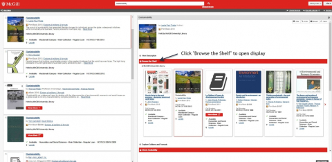 Image of the catalogue: To use the browse option, open the detailed view of the item record and click “Browse the Shelf”.