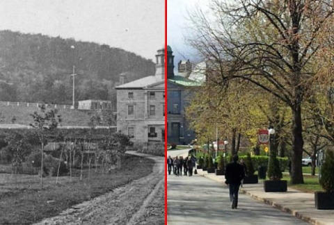 Split screen image. Left: McGill Arts Building late 1800s-early 1900s. Right: McGill Arts Building modern early 2010s.