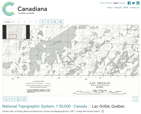 Map of Lac Orillat, Quebec. Published by Ottawa: Dept. of Energy, Mines and Resources, Surveys and Mapping Branch, 1987. Source: McGill University Library and Archives.