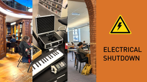 From L to R: Work spaces in the Islamic Studies Library, Marvin Duchow Music Library and Schulich Library followed by Electrical Shutdown icon