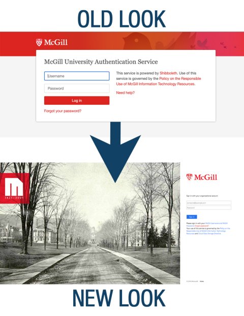 EXProxy old & new login page. New login mirrors login pages for other tools like McGill WorkDay and Microsoft365.