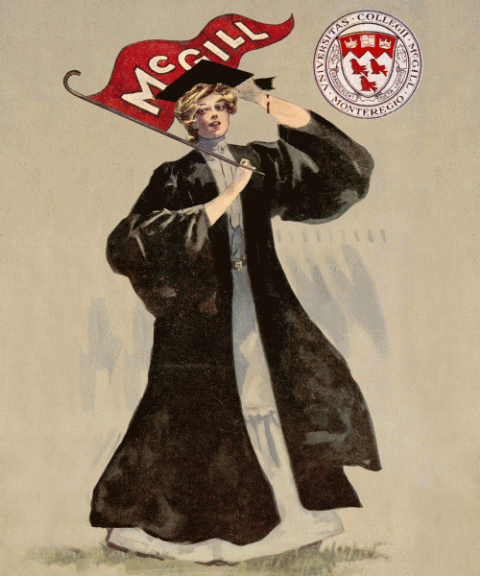 woman in convocation robes holding a waving mcgill pennant