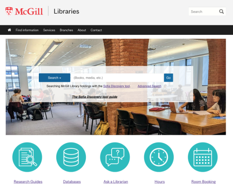 Screenshot of new homepage for McGill Libraries featuring catalogue search box and buttons for Research Guides, Databases, Ask a Librarian, Hours, Room Booking