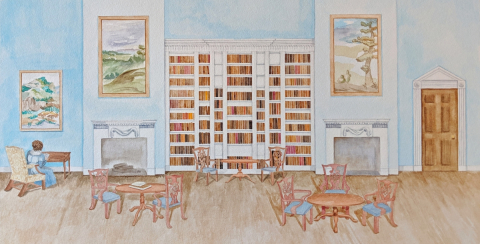 Watercolour depiction of Jane Austen's Godersham Park Library. Credit: Artist Jessica Irene Joyce