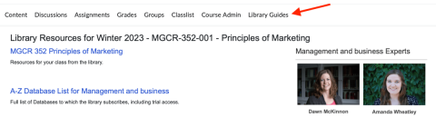 Screenshot of Library Guides in myCourses