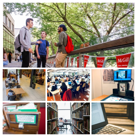 Collage featuring McGill Library services and spaces