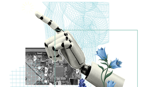 Image for module 8. Foreground: robotic hand, finger point up. Background: computer parts inside terminal