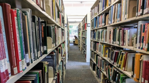 Foreground: Book stacks. Background: student sitting, reading, working.