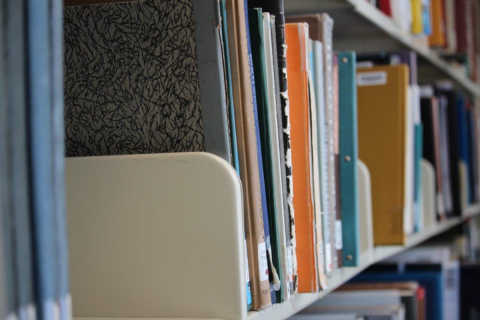 Books on a shelf in the McLennan Library Building