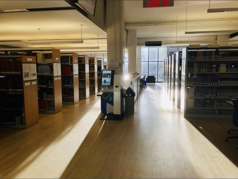 Lobby of Marvin Duchow Music Library at sunrise.